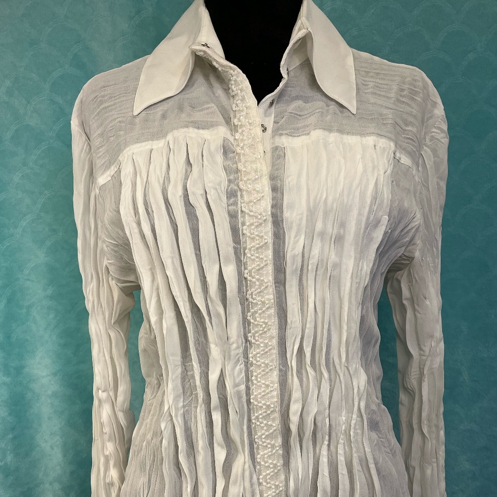 Le Caviar White Crinkle Pleated Blouse Pearl Beaded Gauze Long Sleeve Top Large